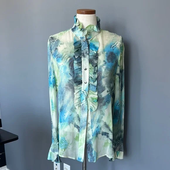 St. John Blue and Green Ruffle Blouse - Picture 1 of 5